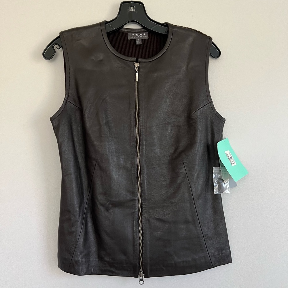 Leather Zip Front Vest Wool Back